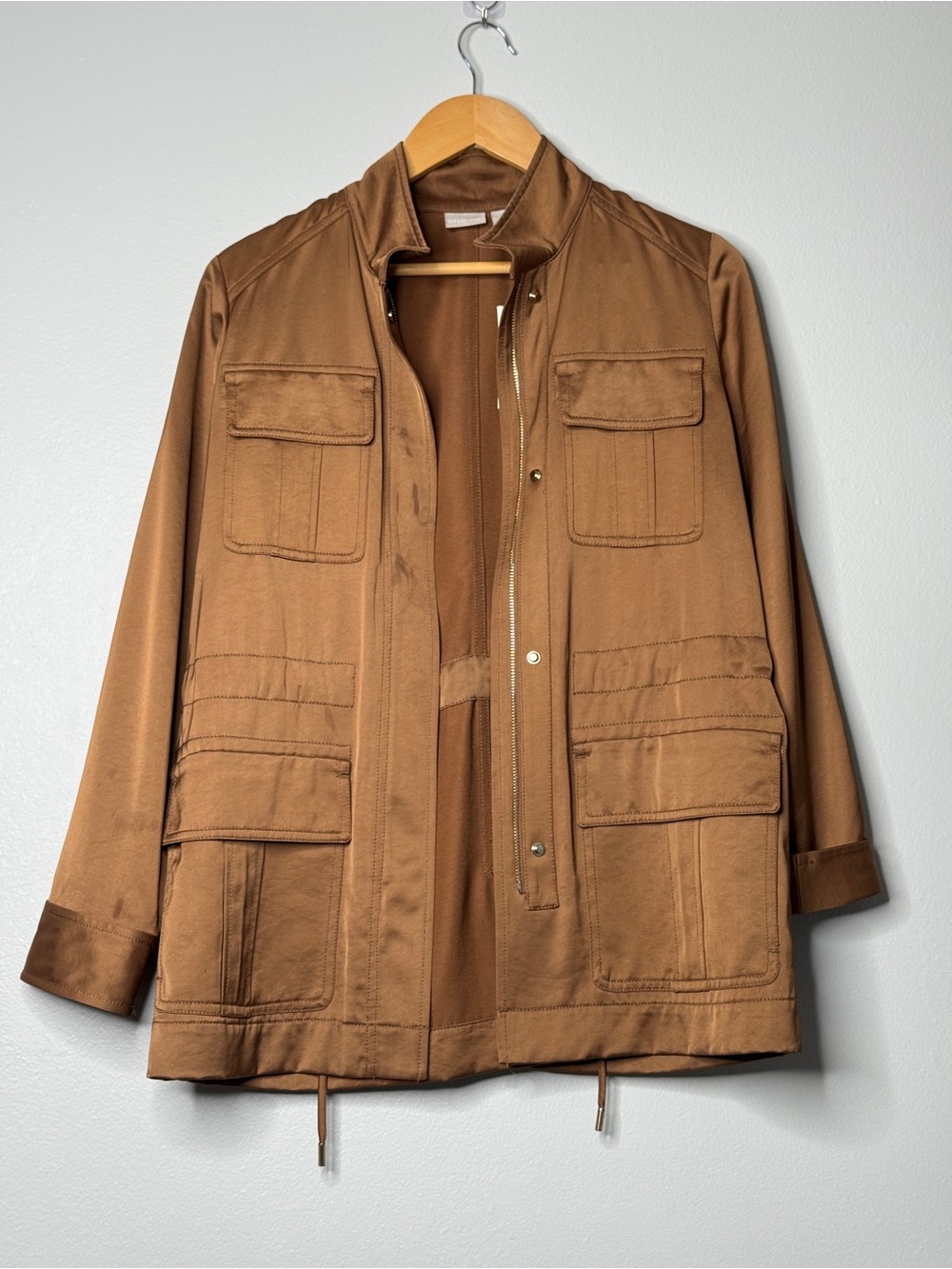 Chicos Brown Satin Utility Jacket Rum Caramel Zipper Cargo Shacket Size 4 / 6